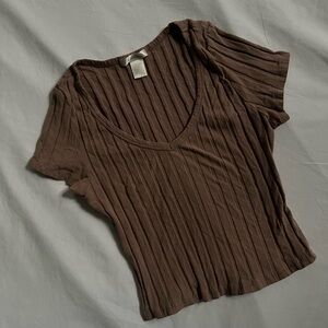 Brown Ribbed V-Neck Women's Top